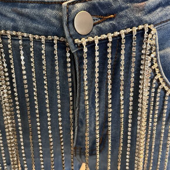Hot & Delicious Rhinestone Fringe Jeans Y2K Inspired Distressed Womens Small NWT - Picture 3 of 16